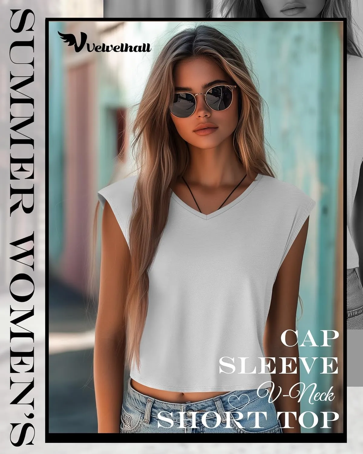 4 Pack Women's V Neck Cropped Tops Cap Sleeves Short T Shirts Loose Fit Casual Summer Cotton Crop Basic Solid Tees