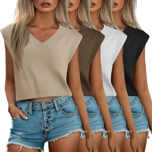 4 Pack Women's V Neck Cropped Tops Cap Sleeves Short T Shirts Loose Fit Casual Summer Cotton Crop Basic Solid Tees