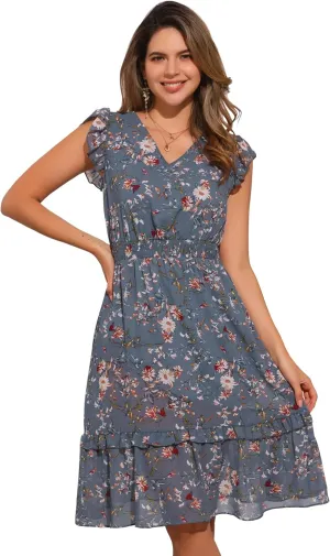 Allegra K Women's Summer Floral Dress Flutter Sleeve V Neck Ruffle Casual Beach Vacation Smocked Dresses