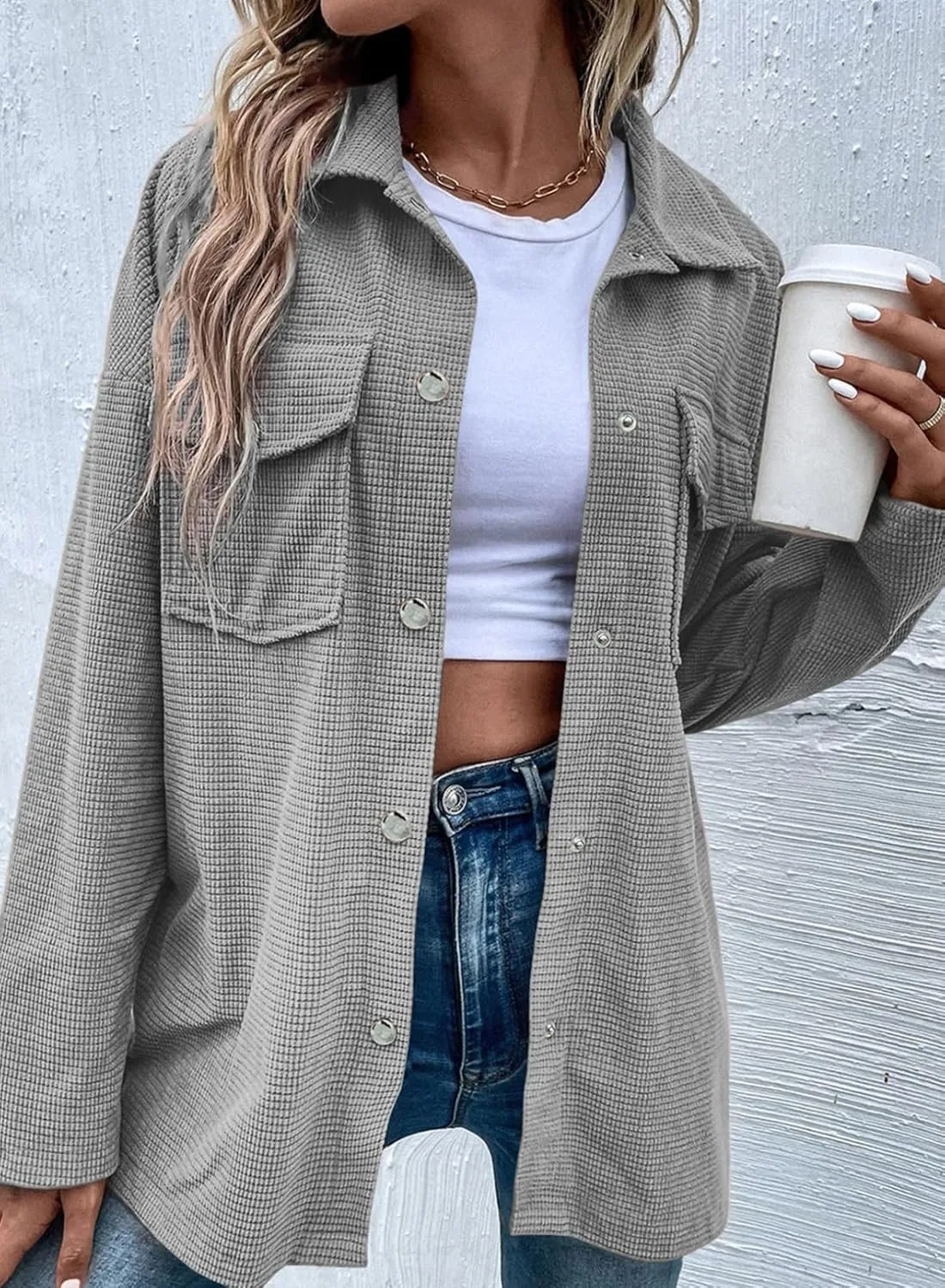 Astylish Womens Waffle Knit Long Shacket Jacket Oversized Casual Blouses Button Down Collared Dressy Shirts