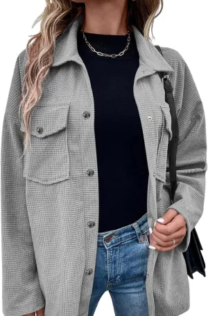 Astylish Womens Waffle Knit Long Shacket Jacket Oversized Casual Blouses Button Down Collared Dressy Shirts