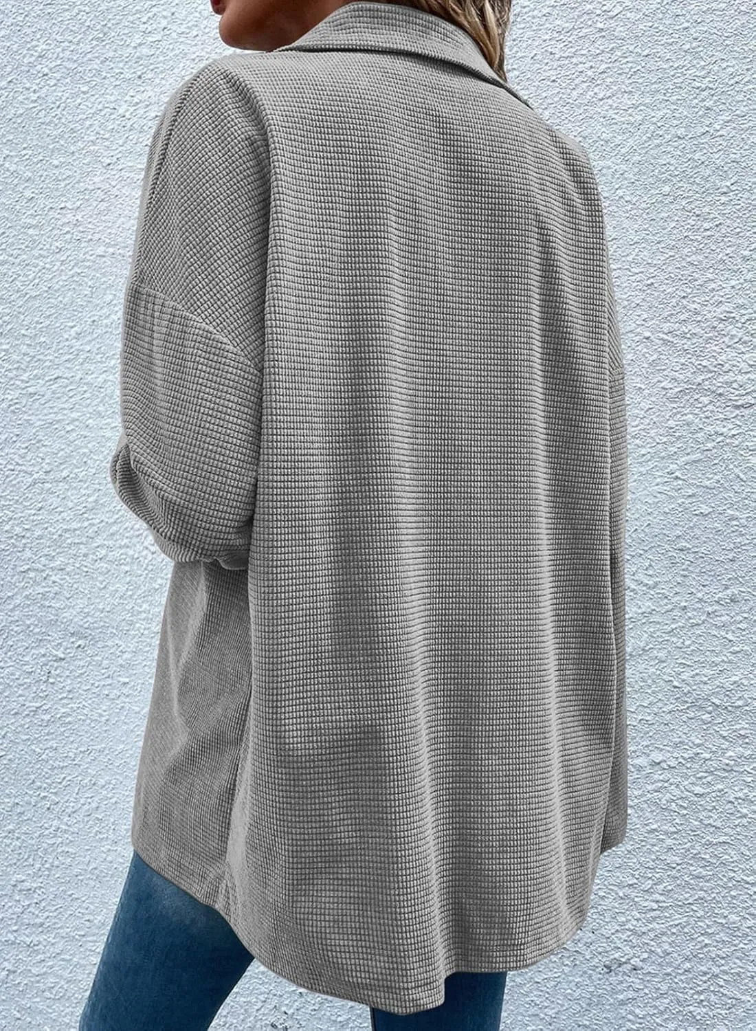 Astylish Womens Waffle Knit Long Shacket Jacket Oversized Casual Blouses Button Down Collared Dressy Shirts