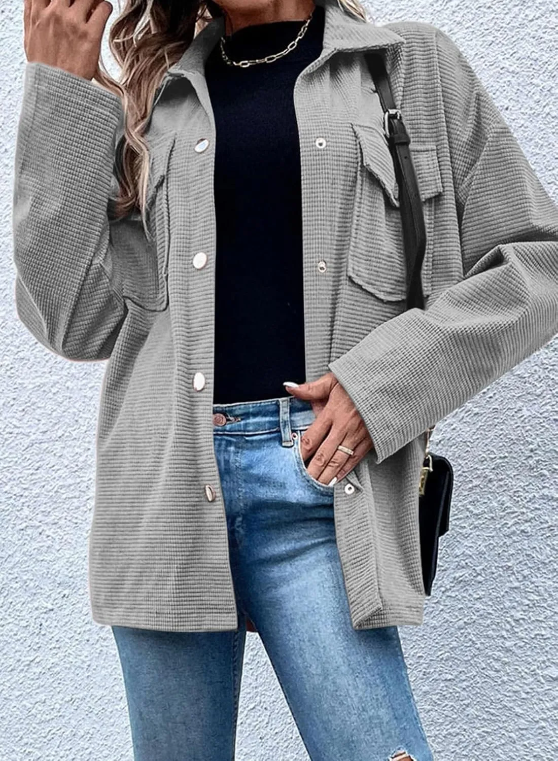 Astylish Womens Waffle Knit Long Shacket Jacket Oversized Casual Blouses Button Down Collared Dressy Shirts
