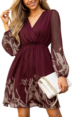 CUPSHE Women's Mini Dresses Casual Spring V Neck Chiffon Long Peasant Sleeves Flowy Summer Dress
