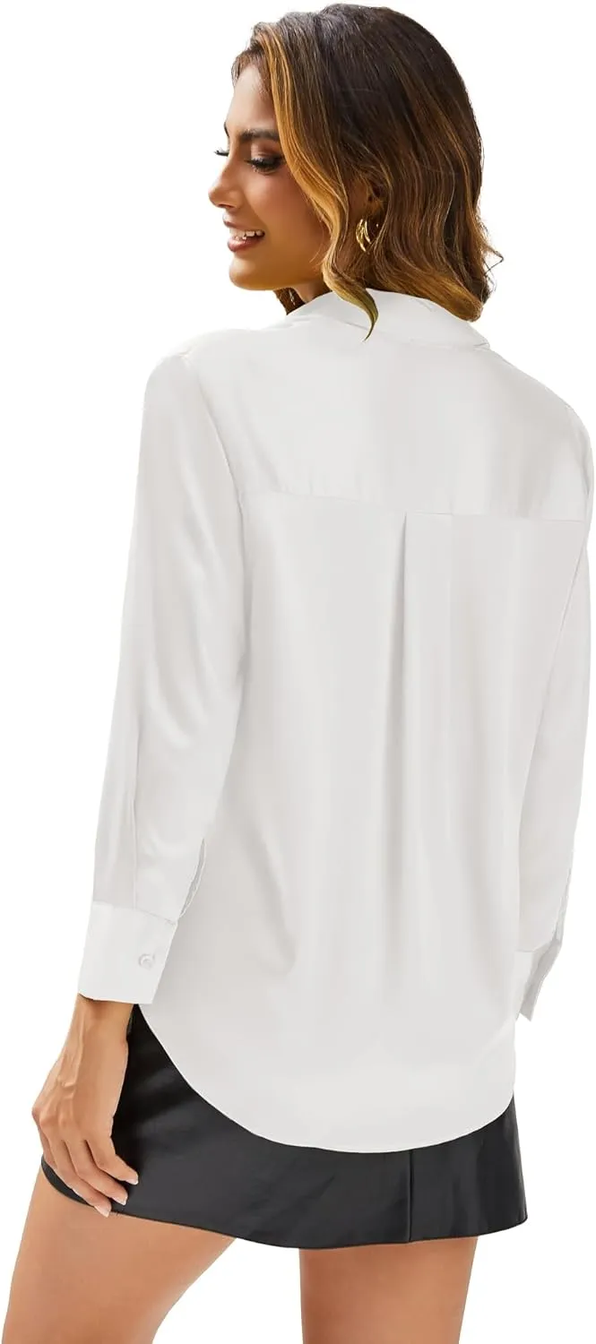 Eabel.C Women's Satin Silk V Neck Button Down Shirts Long Sleeve Casual Business Shirt Dress Blouses