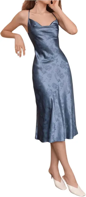 Floerns Women's Spaghetti Strap Cowl Neck Long Slip Satin Silk Midi Dress