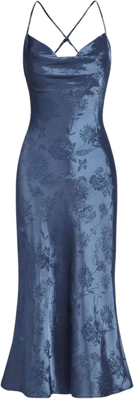 Floerns Women's Spaghetti Strap Cowl Neck Long Slip Satin Silk Midi Dress