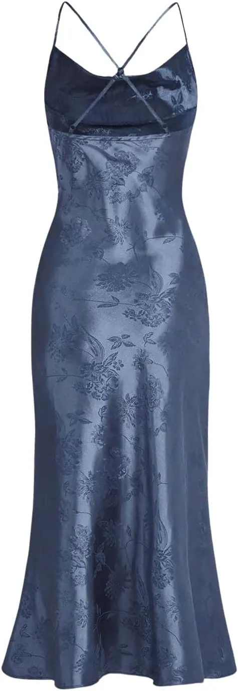 Floerns Women's Spaghetti Strap Cowl Neck Long Slip Satin Silk Midi Dress