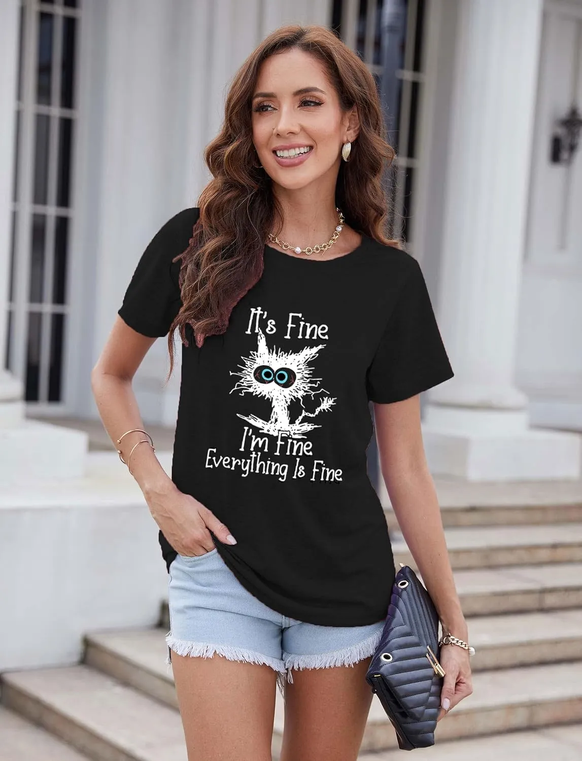 Funny Cat T Shirts for Women Everything is Fine Graphic Tees Casual Short Sleeve Summer Tops Crewneck Shirt