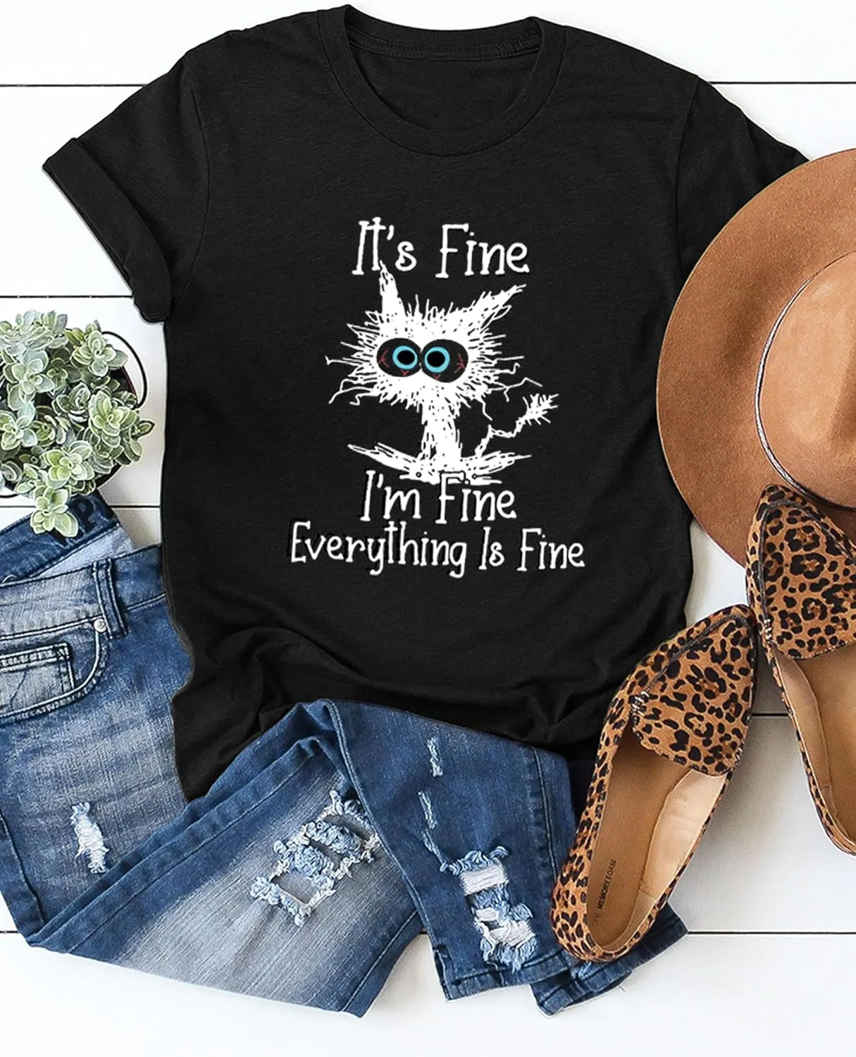 Funny Cat T Shirts for Women Everything is Fine Graphic Tees Casual Short Sleeve Summer Tops Crewneck Shirt