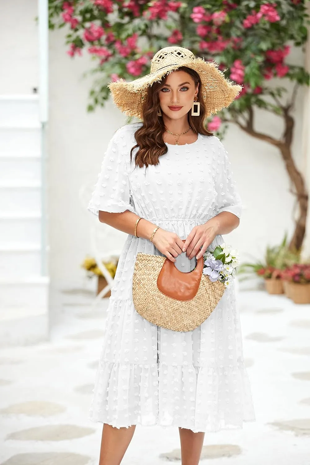 IN'VOLAND Womens Plus Size Swiss Dot Dress Chiffon Short Sleeve High Waist A Line Ruffle Tiered Babydoll Midi Dress