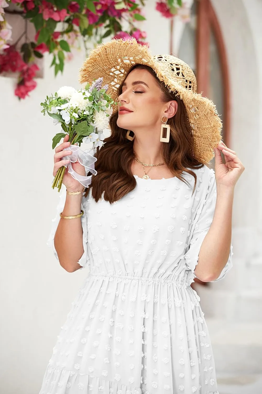 IN'VOLAND Womens Plus Size Swiss Dot Dress Chiffon Short Sleeve High Waist A Line Ruffle Tiered Babydoll Midi Dress