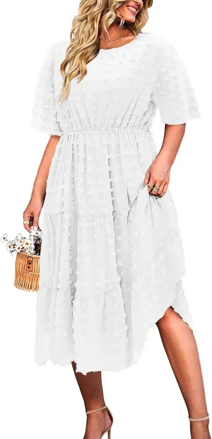 IN'VOLAND Womens Plus Size Swiss Dot Dress Chiffon Short Sleeve High Waist A Line Ruffle Tiered Babydoll Midi Dress