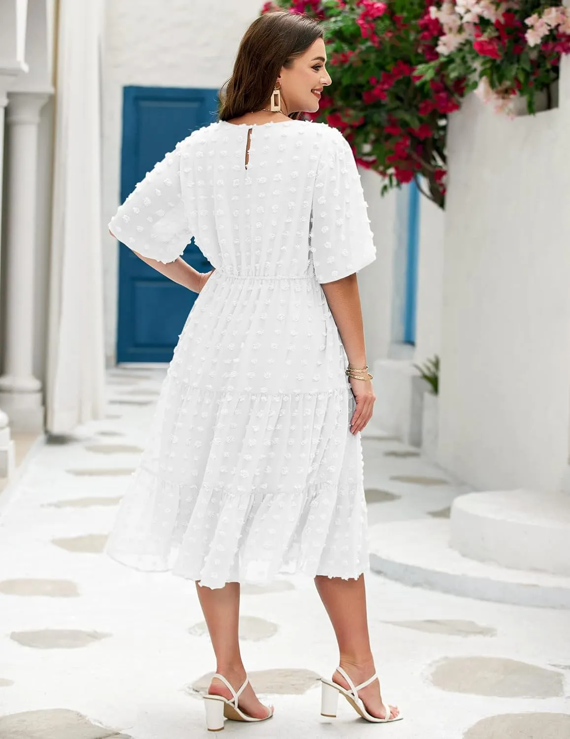 IN'VOLAND Womens Plus Size Swiss Dot Dress Chiffon Short Sleeve High Waist A Line Ruffle Tiered Babydoll Midi Dress