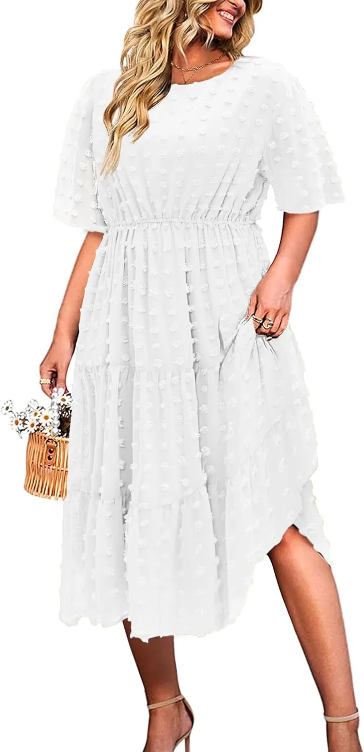 IN'VOLAND Womens Plus Size Swiss Dot Dress Chiffon Short Sleeve High Waist A Line Ruffle Tiered Babydoll Midi Dress