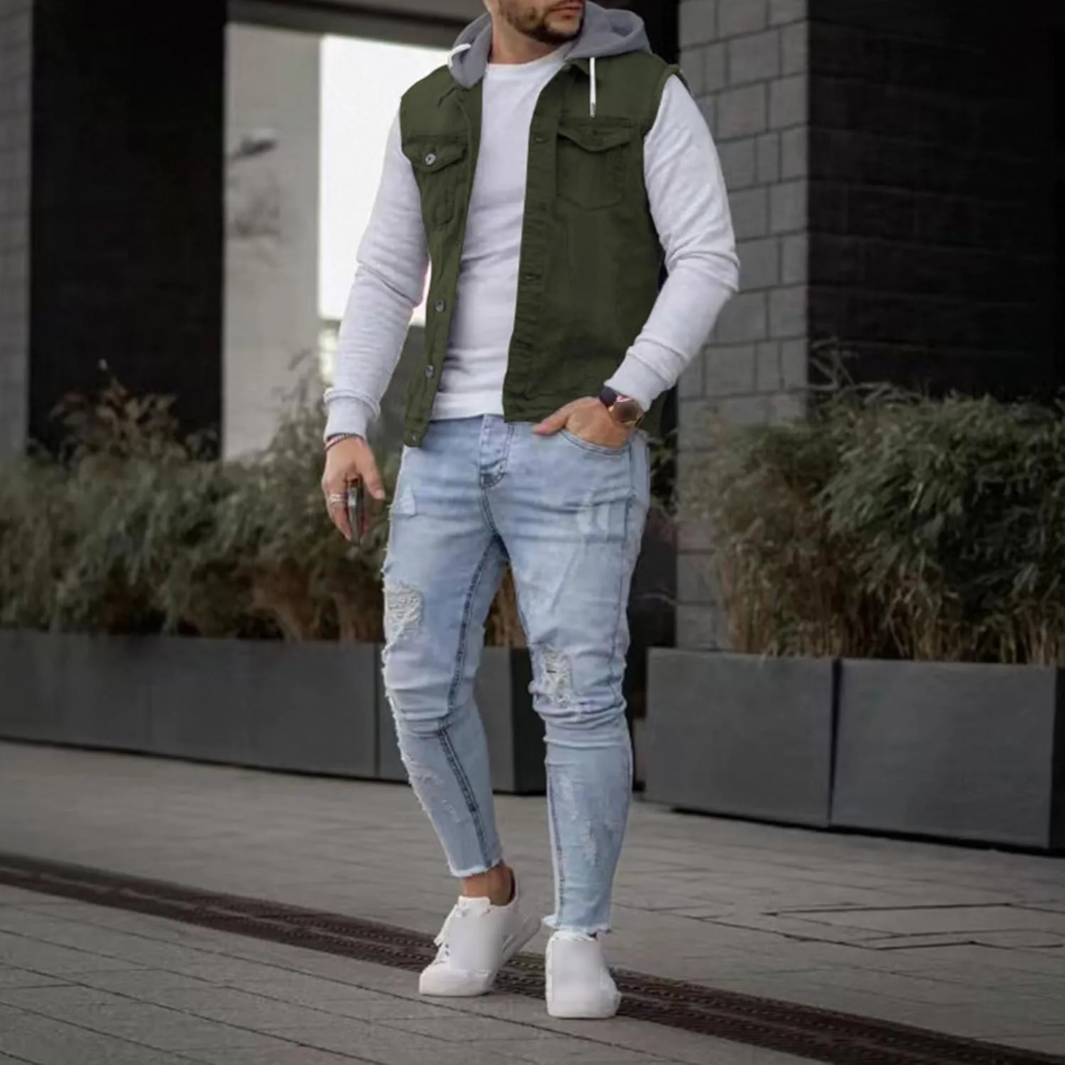 JEKE-DG Men's Fashion Button Down Jean Jacket Hooded Long Sleeve Denim Jackets Slim Fit Trucker Jean Coat