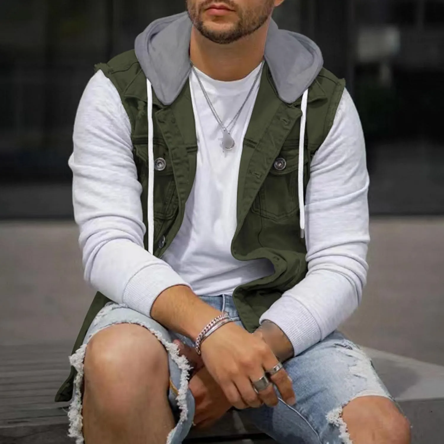 JEKE-DG Men's Fashion Button Down Jean Jacket Hooded Long Sleeve Denim Jackets Slim Fit Trucker Jean Coat