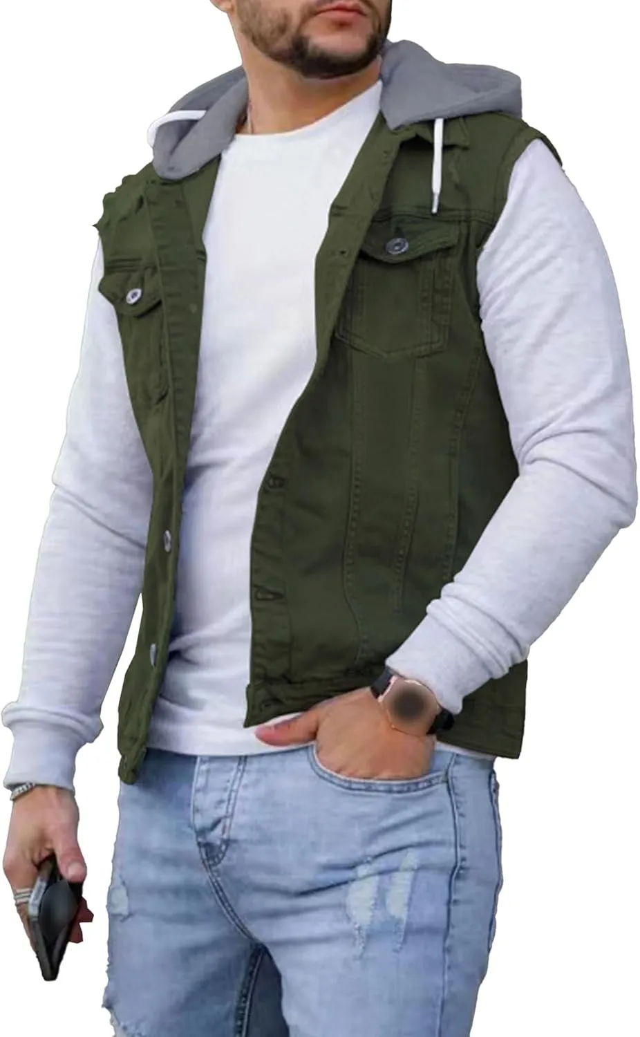 JEKE-DG Men's Fashion Button Down Jean Jacket Hooded Long Sleeve Denim Jackets Slim Fit Trucker Jean Coat