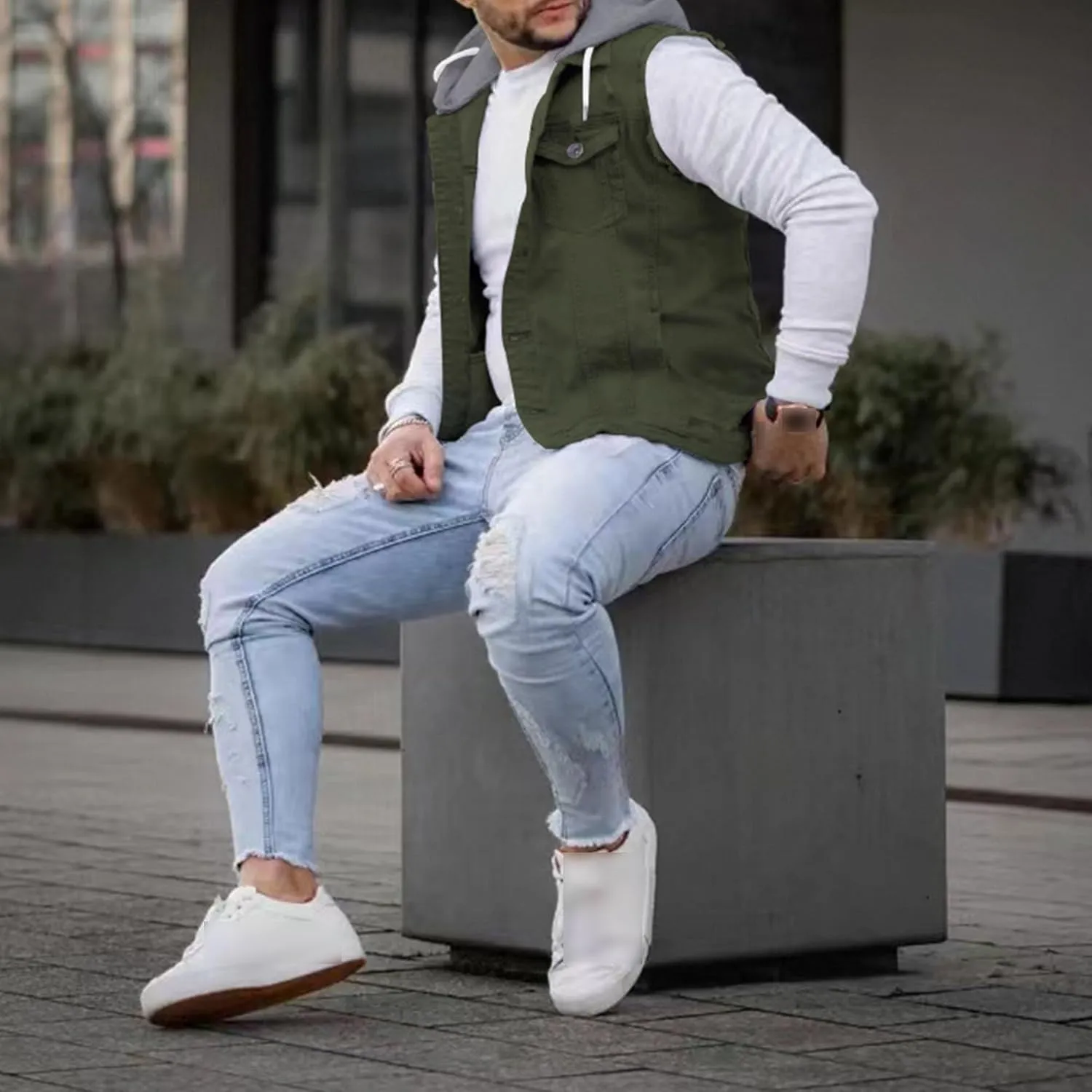 JEKE-DG Men's Fashion Button Down Jean Jacket Hooded Long Sleeve Denim Jackets Slim Fit Trucker Jean Coat