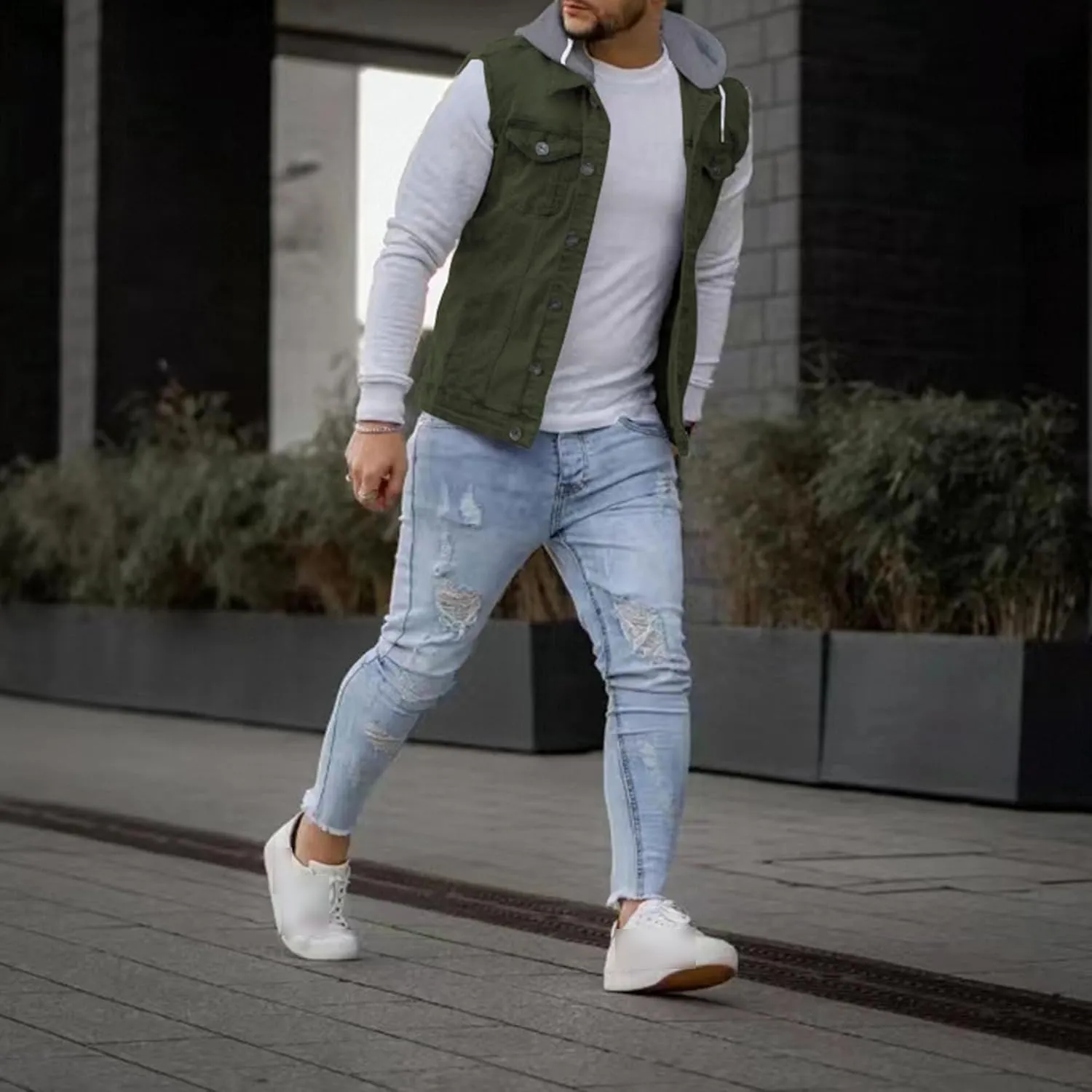 JEKE-DG Men's Fashion Button Down Jean Jacket Hooded Long Sleeve Denim Jackets Slim Fit Trucker Jean Coat