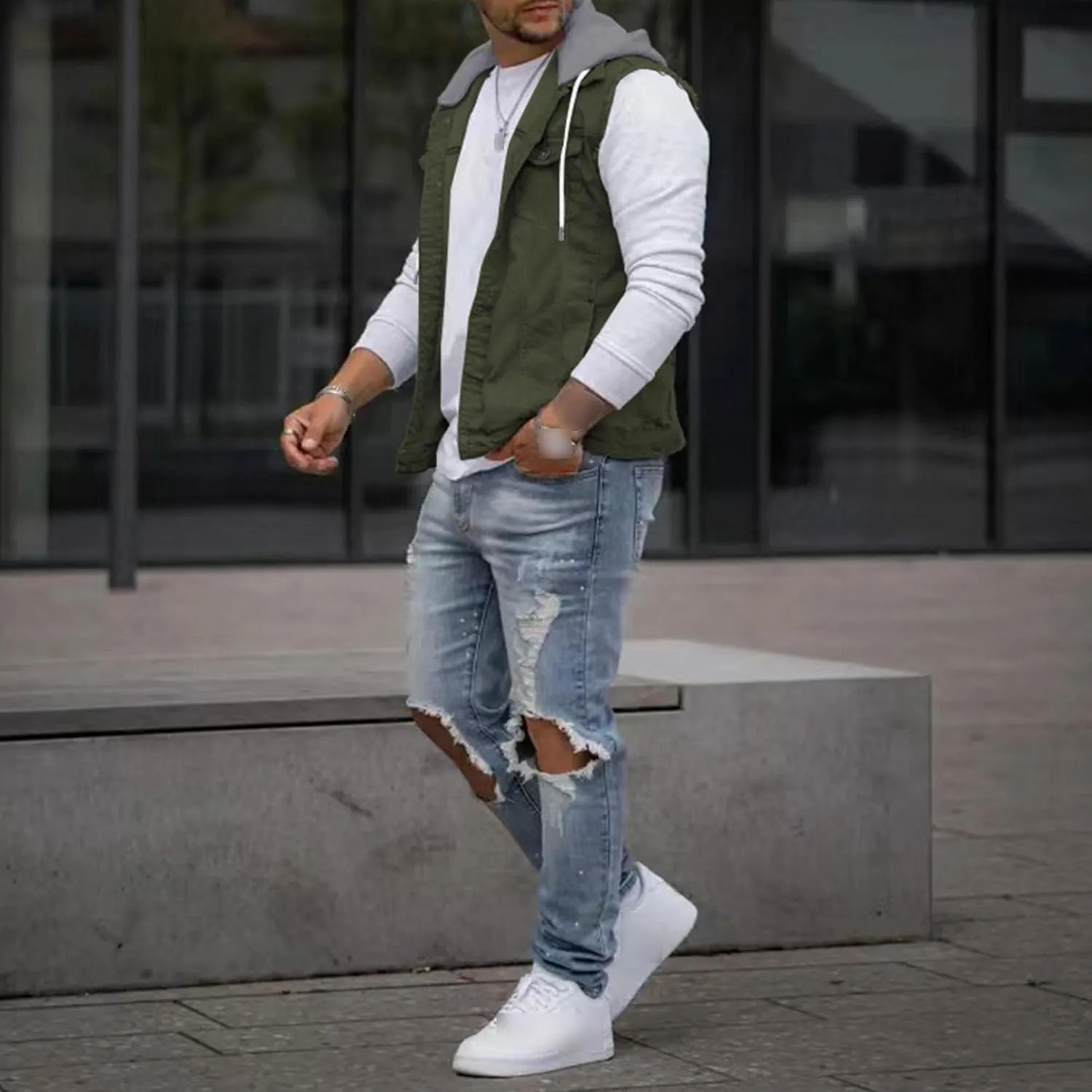 JEKE-DG Men's Fashion Button Down Jean Jacket Hooded Long Sleeve Denim Jackets Slim Fit Trucker Jean Coat