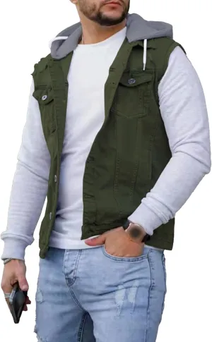 JEKE-DG Men's Fashion Button Down Jean Jacket Hooded Long Sleeve Denim Jackets Slim Fit Trucker Jean Coat