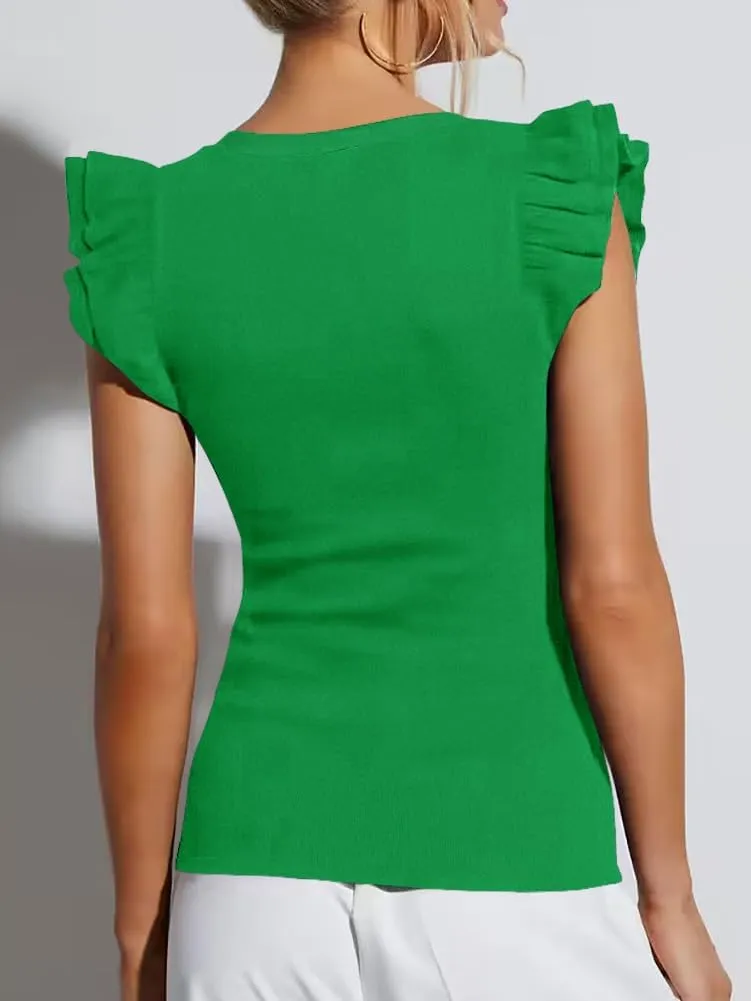 Lacozy Womens Ruffle Sleeve Tops Crew Neck Sleeveless Slim Fit Shirt Casual Ribbed Knit Tees Summer Tops Blouses