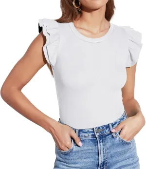 Lacozy Womens Ruffle Sleeve Tops Crew Neck Sleeveless Slim Fit Shirt Casual Ribbed Knit Tees Summer Tops Blouses