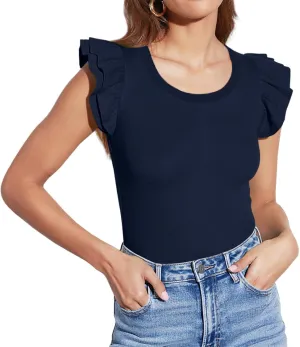 Lacozy Womens Ruffle Sleeve Tops Crew Neck Sleeveless Slim Fit Shirt Casual Ribbed Knit Tees Summer Tops Blouses