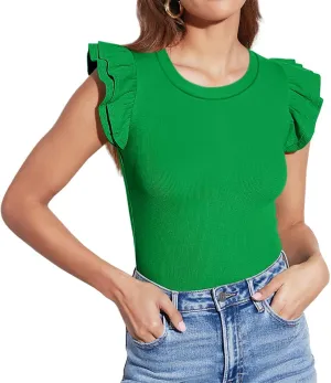 Lacozy Womens Ruffle Sleeve Tops Crew Neck Sleeveless Slim Fit Shirt Casual Ribbed Knit Tees Summer Tops Blouses