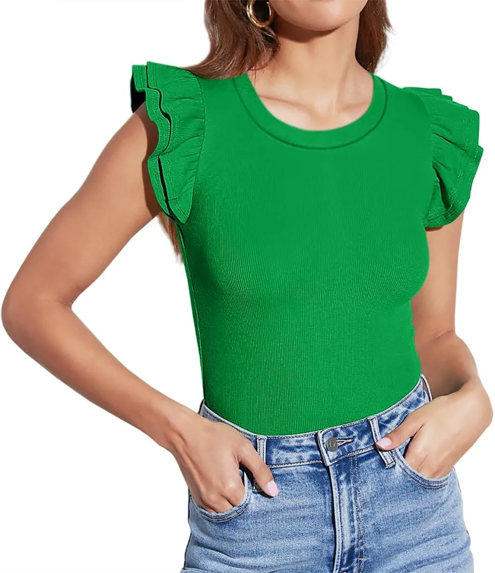 Lacozy Womens Ruffle Sleeve Tops Crew Neck Sleeveless Slim Fit Shirt Casual Ribbed Knit Tees Summer Tops Blouses