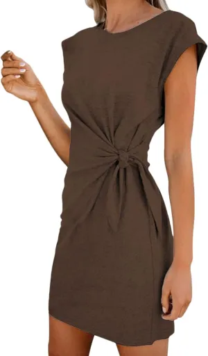 LaSuiveur Womens Casual Bodycon Tie Waist Cap Sleeve Cotton T Shirt Dress