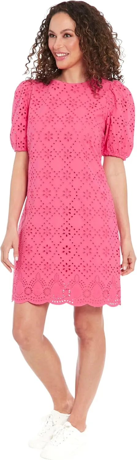 London Times Summer Puff Sleeve Mini Short Cotton Eyelet Womens Dresses