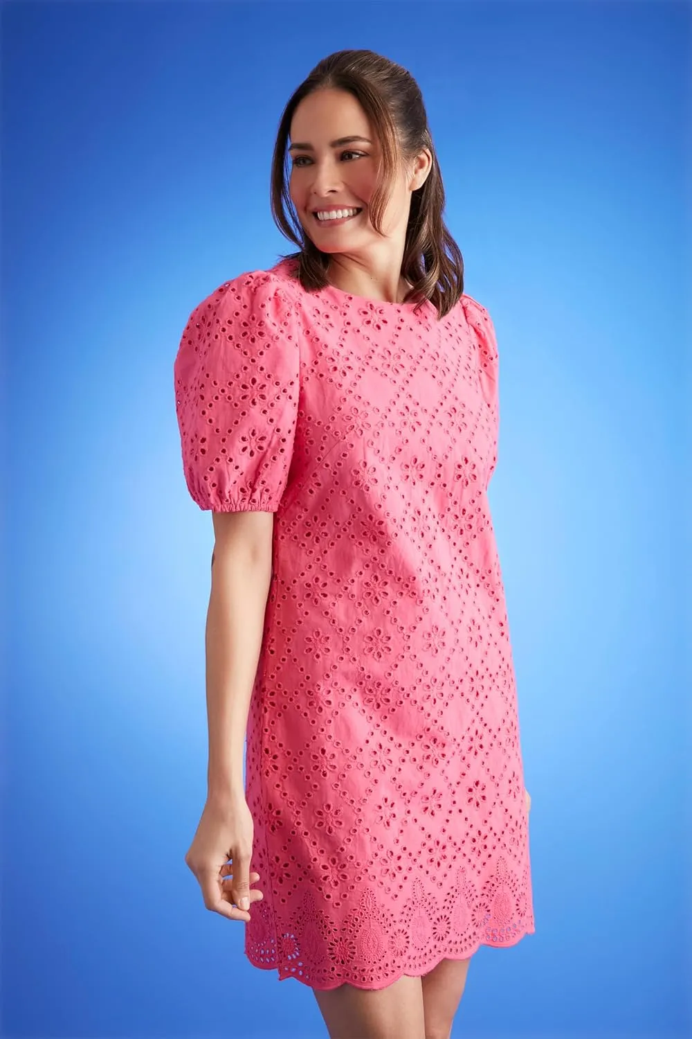 London Times Summer Puff Sleeve Mini Short Cotton Eyelet Womens Dresses