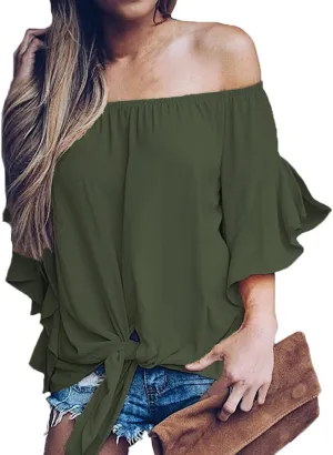 LuckyMore Off The Shoulder Tops Women Summer 3/4 Bell Sleeve Tie Knot Boho Shirt Blouses
