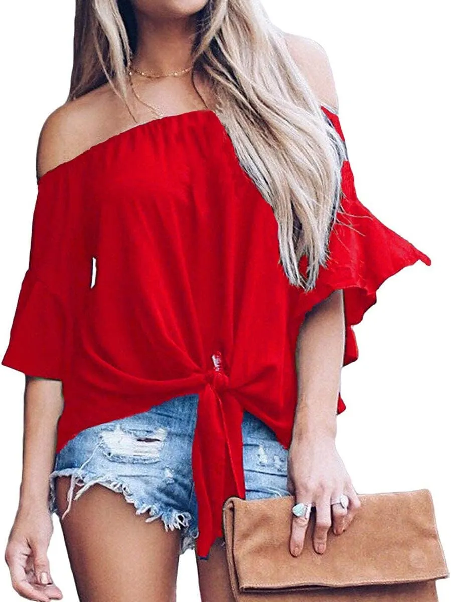 LuckyMore Off The Shoulder Tops Women Summer 3/4 Bell Sleeve Tie Knot Boho Shirt Blouses