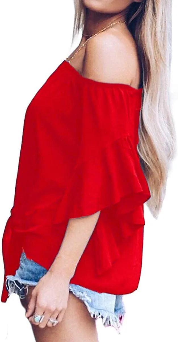 LuckyMore Off The Shoulder Tops Women Summer 3/4 Bell Sleeve Tie Knot Boho Shirt Blouses