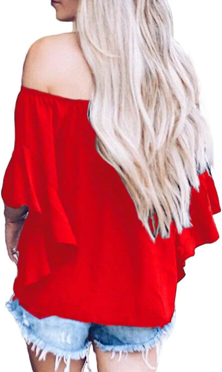 LuckyMore Off The Shoulder Tops Women Summer 3/4 Bell Sleeve Tie Knot Boho Shirt Blouses