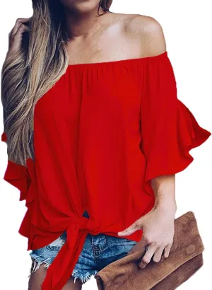 LuckyMore Off The Shoulder Tops Women Summer 3/4 Bell Sleeve Tie Knot Boho Shirt Blouses