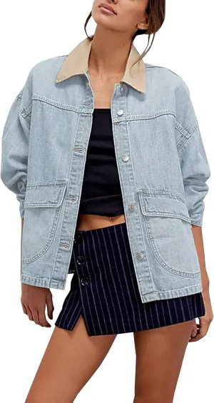 Lumister Women's Oversized Denim Jacket with Contrast Trim Long Sleeve Button Down Jean Coat with Pockets Outerwear