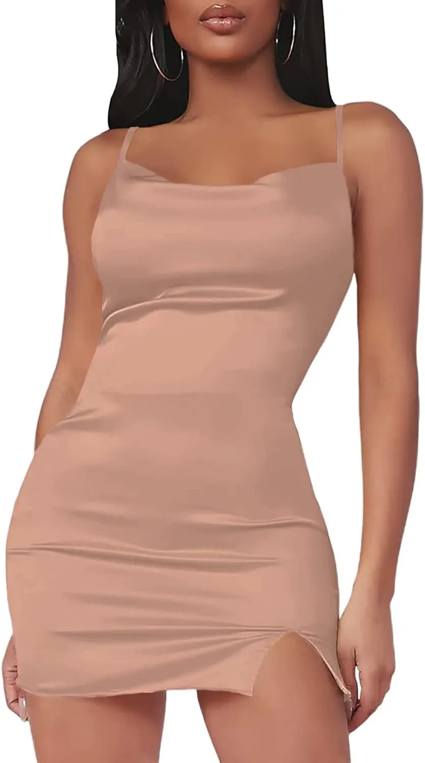 LYANER Women's Satin Silk Spaghetti Strap Slit Bodycon Sleeveless Mini Dress