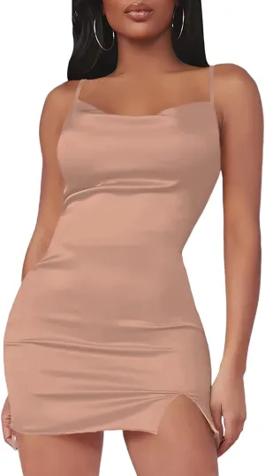 LYANER Women's Satin Silk Spaghetti Strap Slit Bodycon Sleeveless Mini Dress