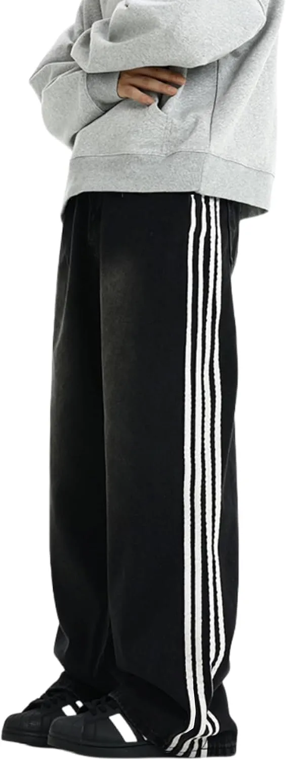 Mens Baggy Denim Jeans Casual Striped Pants Straight Wide Leg Jeans Oversized Hip Hop Pants Vintage Skater Track Jeans