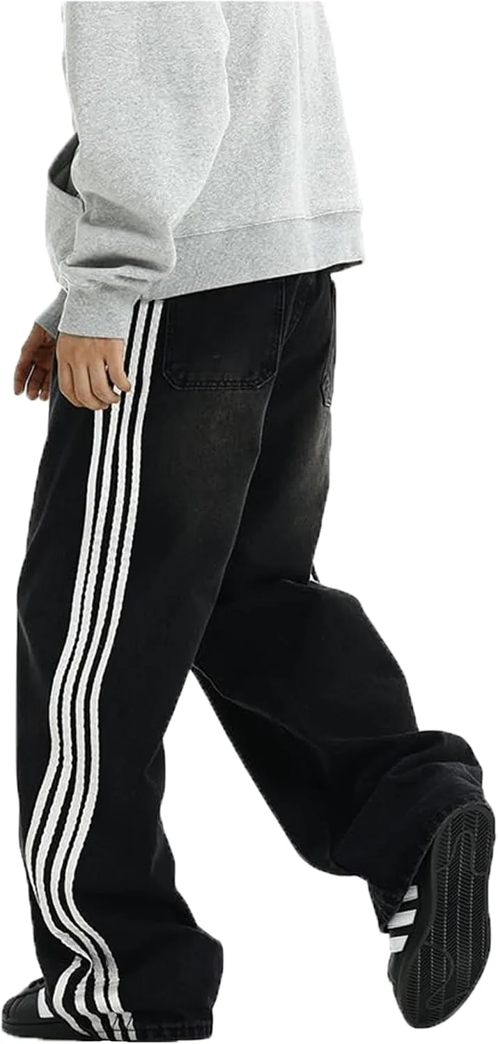 Mens Baggy Denim Jeans Casual Striped Pants Straight Wide Leg Jeans Oversized Hip Hop Pants Vintage Skater Track Jeans