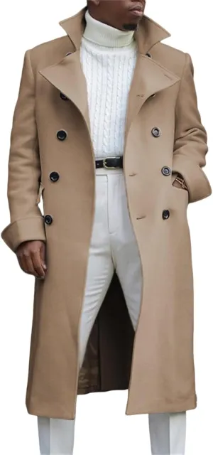 Mens Wool Blend Coat Notch Lapel Double Breasted Long Trench Coat Button Down Overcoat Winter Jacket Business Casual