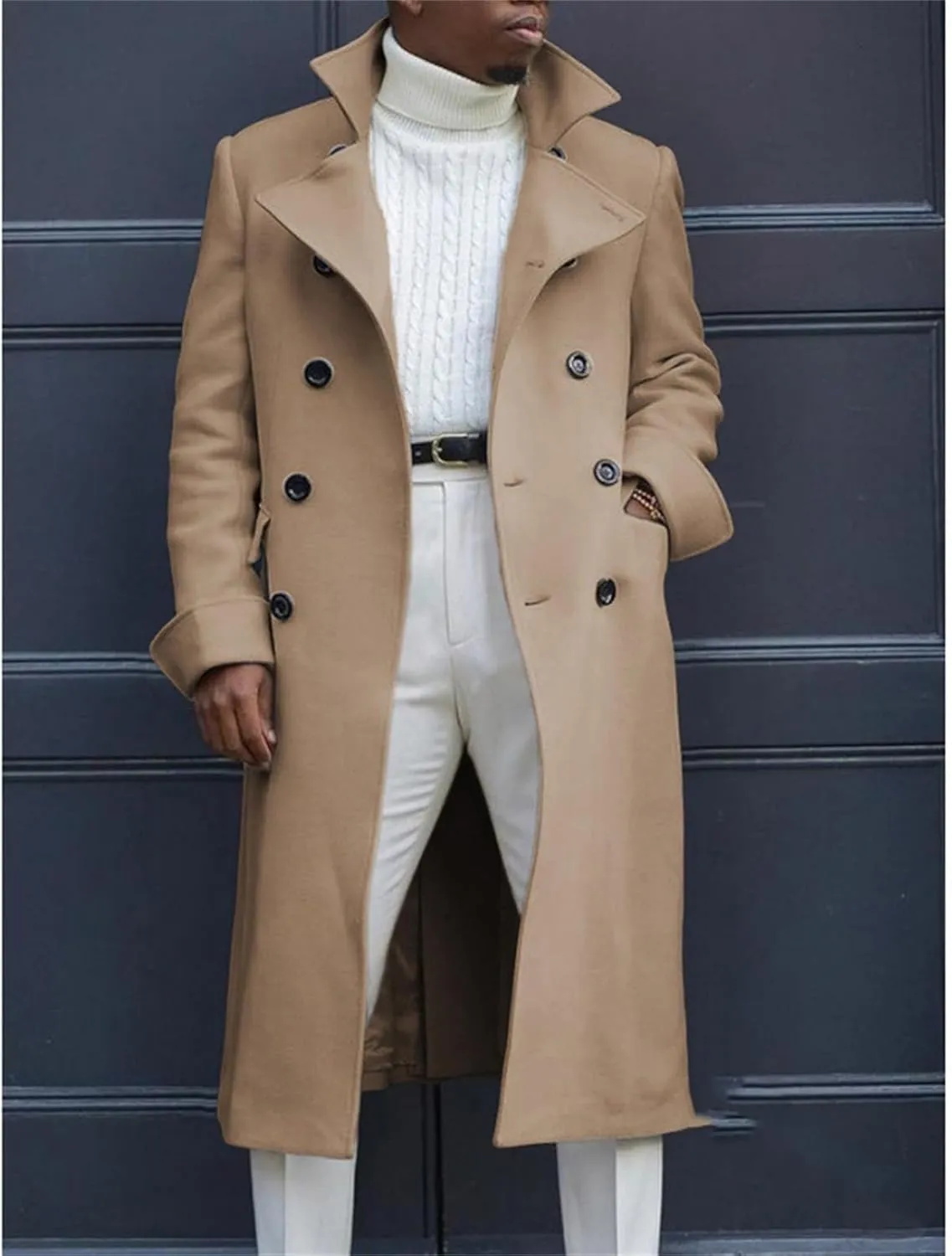 Mens Wool Blend Coat Notch Lapel Double Breasted Long Trench Coat Button Down Overcoat Winter Jacket Business Casual