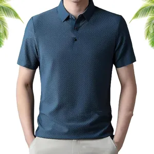 Mesh Ice Silk Short-Sleeved T-Shirt, Men Summer Comfortable Breathable Ice Silk Short Sleeve Lapel Golf Polo Shirts (Blue,L)