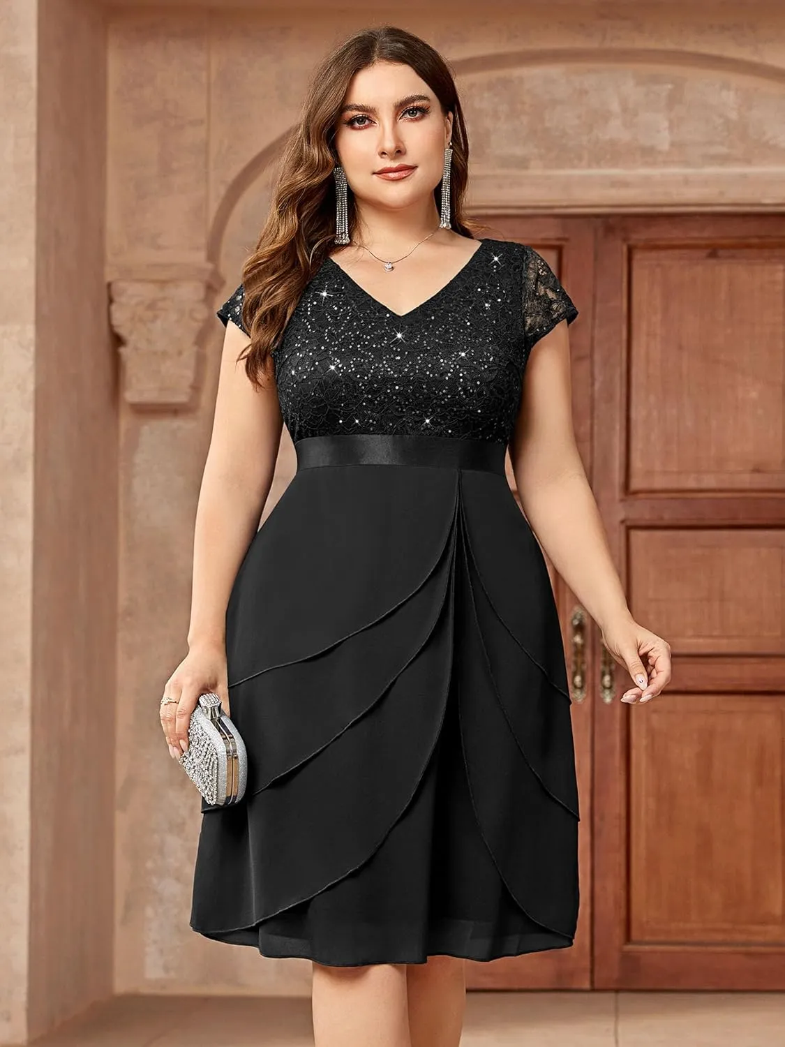 Miusol Women's Plus Size Sequin Lace V Neck Ruffle Tiered Chiffon Cocktail Party Dress