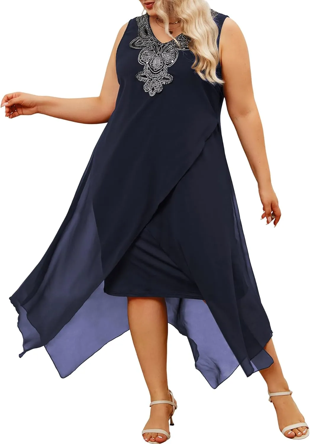 OCSTRADE Womens Plus Size Chiffon Dress Loose Sleeveless Flowy Cocktail Party Midi Dresses