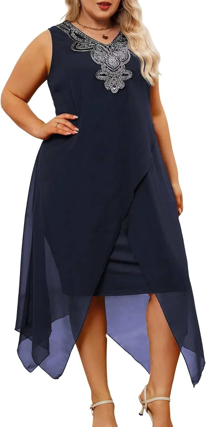 OCSTRADE Womens Plus Size Chiffon Dress Loose Sleeveless Flowy Cocktail Party Midi Dresses